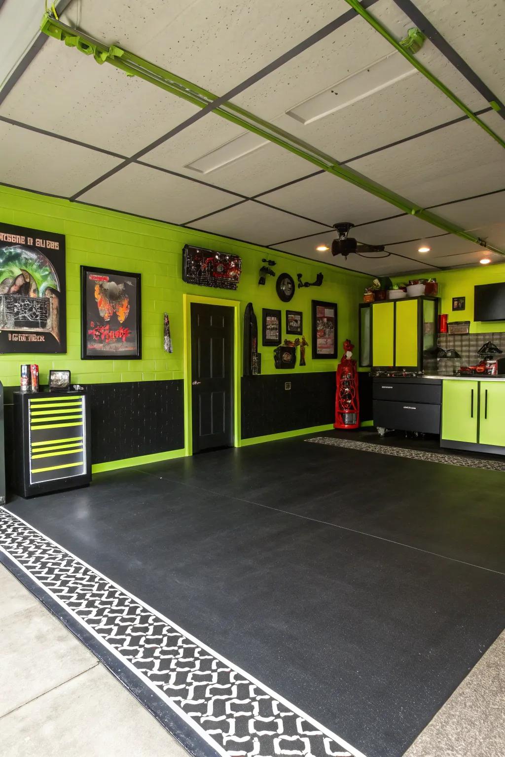 Lime and black cultivate an energetic and bold garage area.