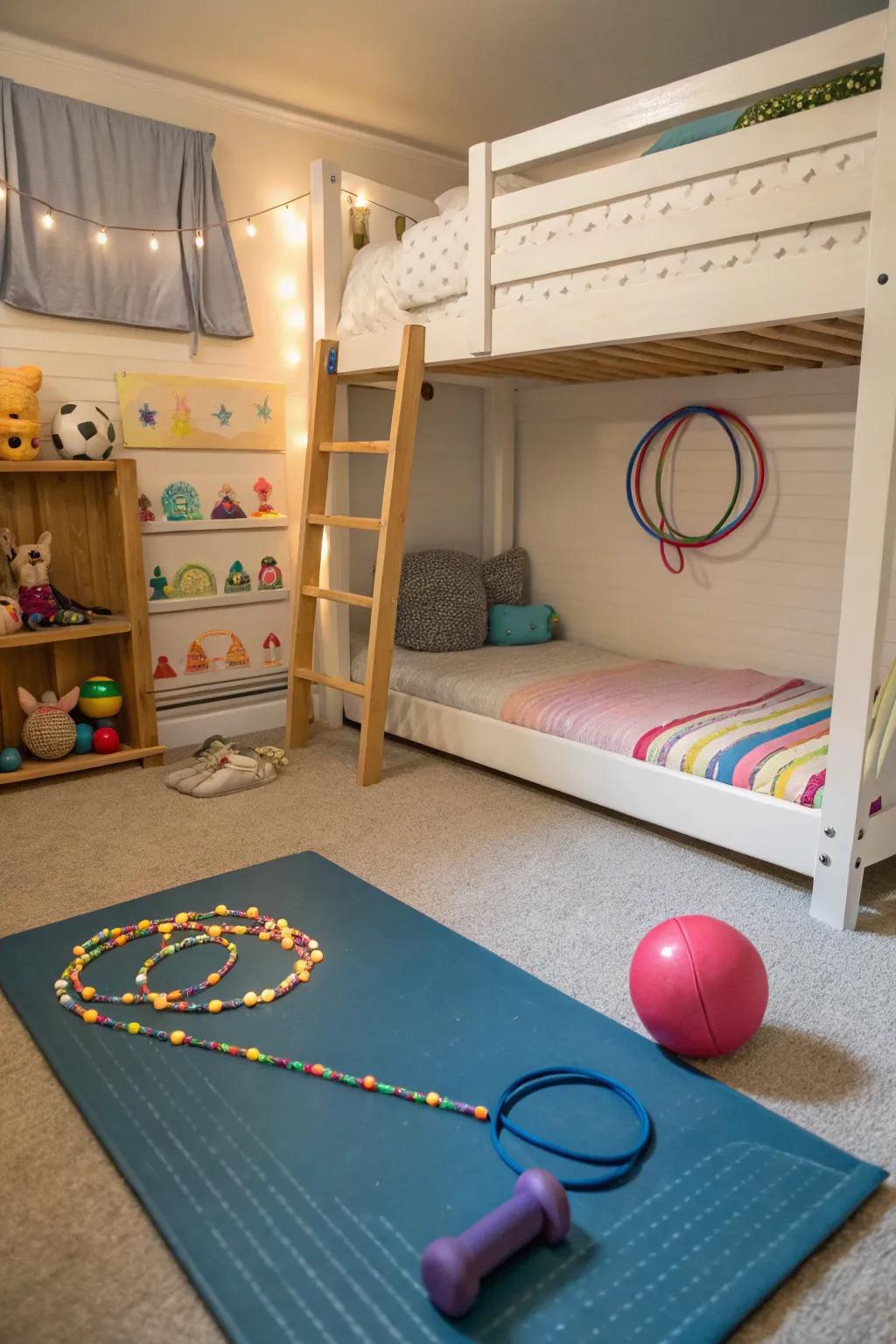 A mini fitness zone for kids beneath the bunk bed.