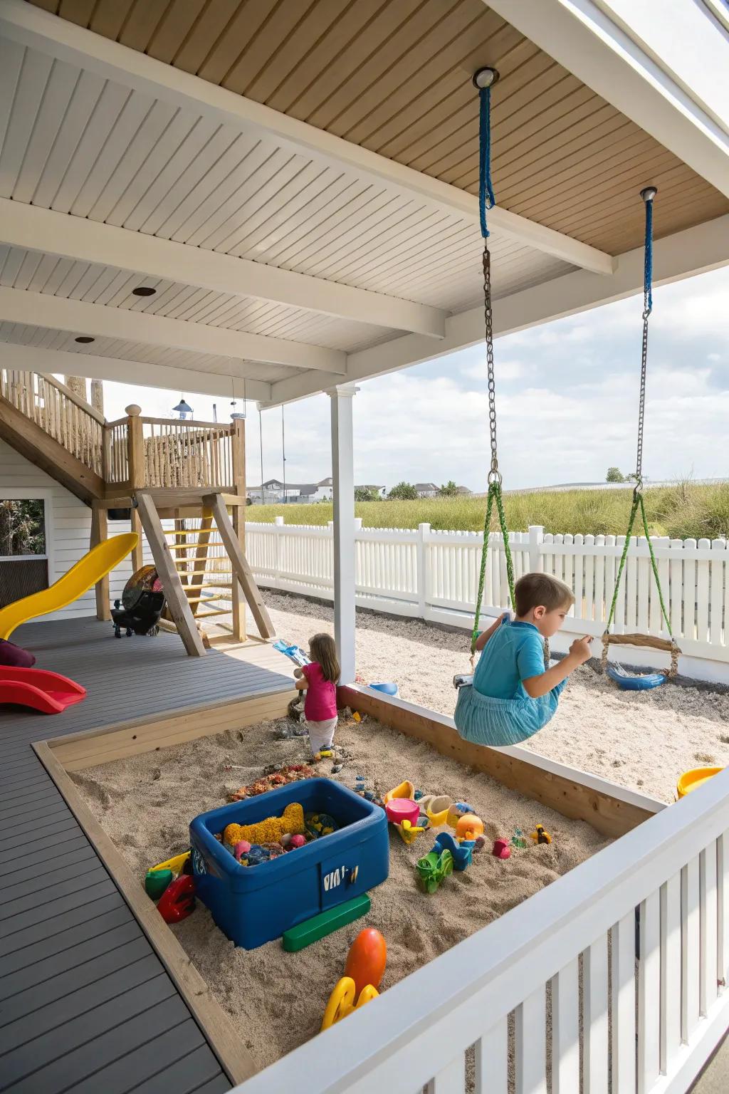 A fun and secure children’s area beneath the deck, packed with exciting activities.