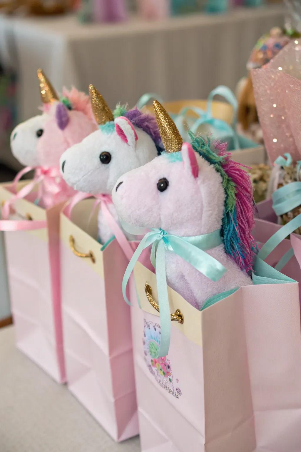 Lovable equine plush toys within favor bags.