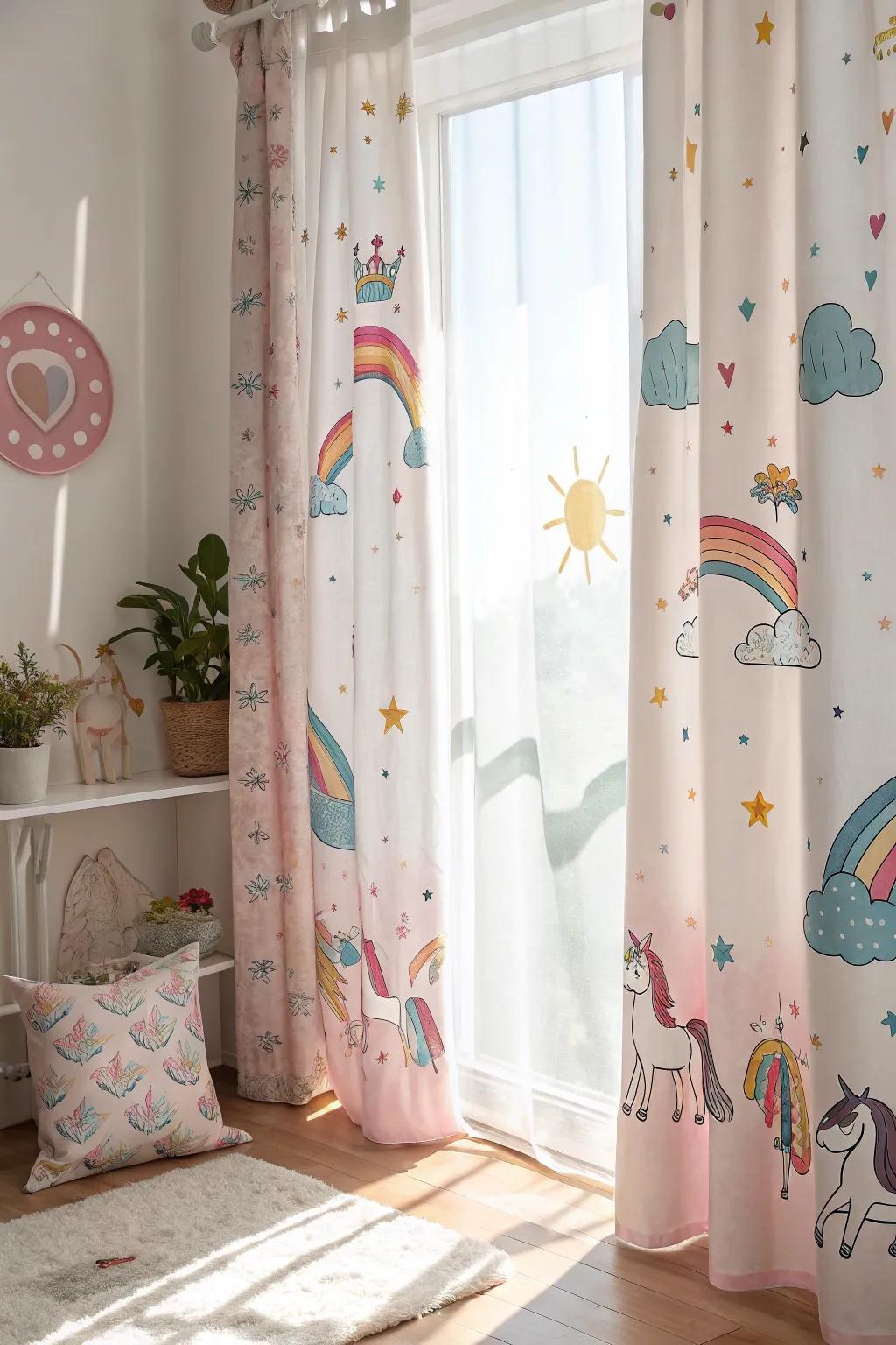 Unicorn-themed curtains adding charm to the space.