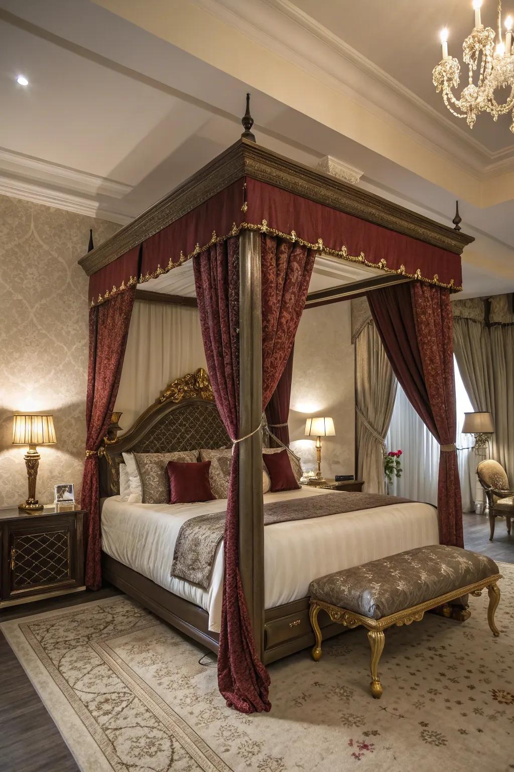 This canopy bed with upholstery has drama and elegance.