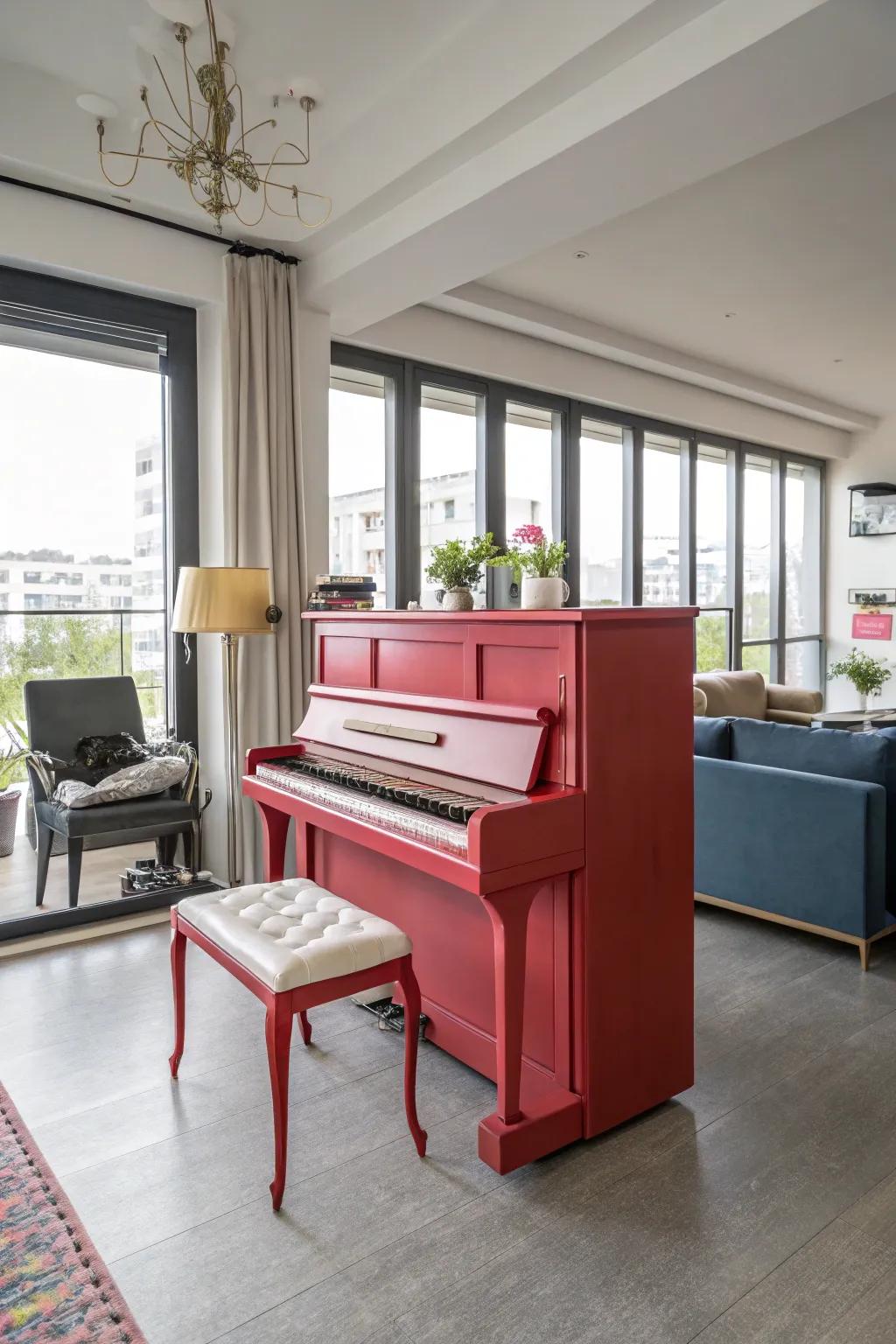 A modern living area showcasing an upright piano painted in a bold, eye-catching color.