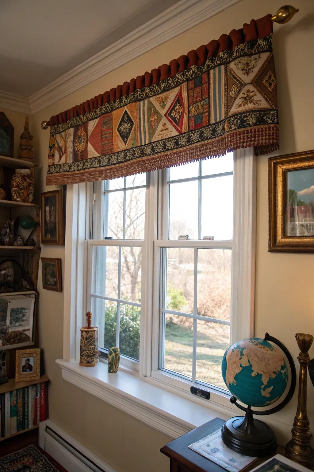 A globally themed room featuring a window with a culturally inspired valance.