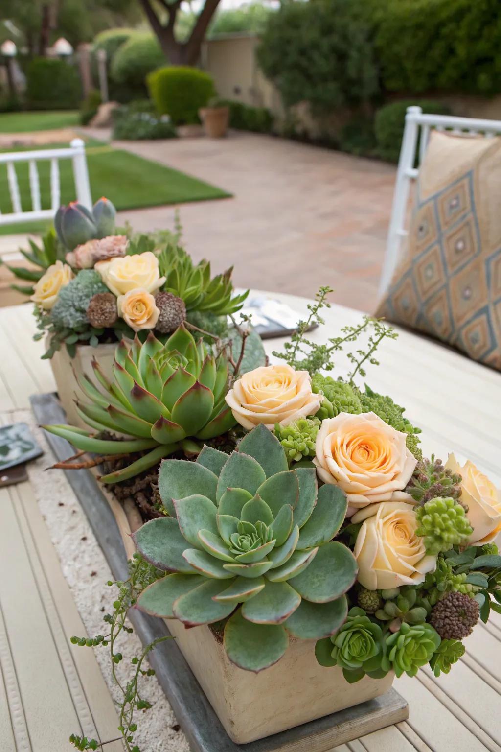 A modern blend of succulents and flowers.