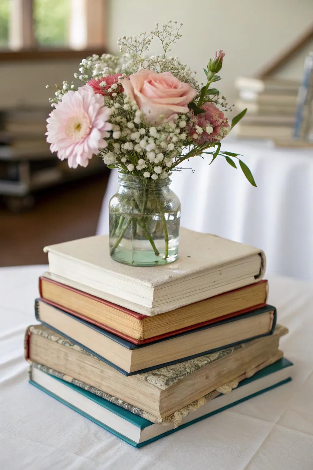 Literary charm with a book-themed centerpiece.