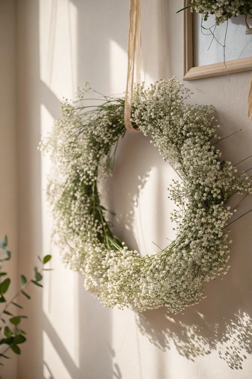 Embrace the ethereal charm of a baby's breath wreath—perfect for a touch of softness and romance.