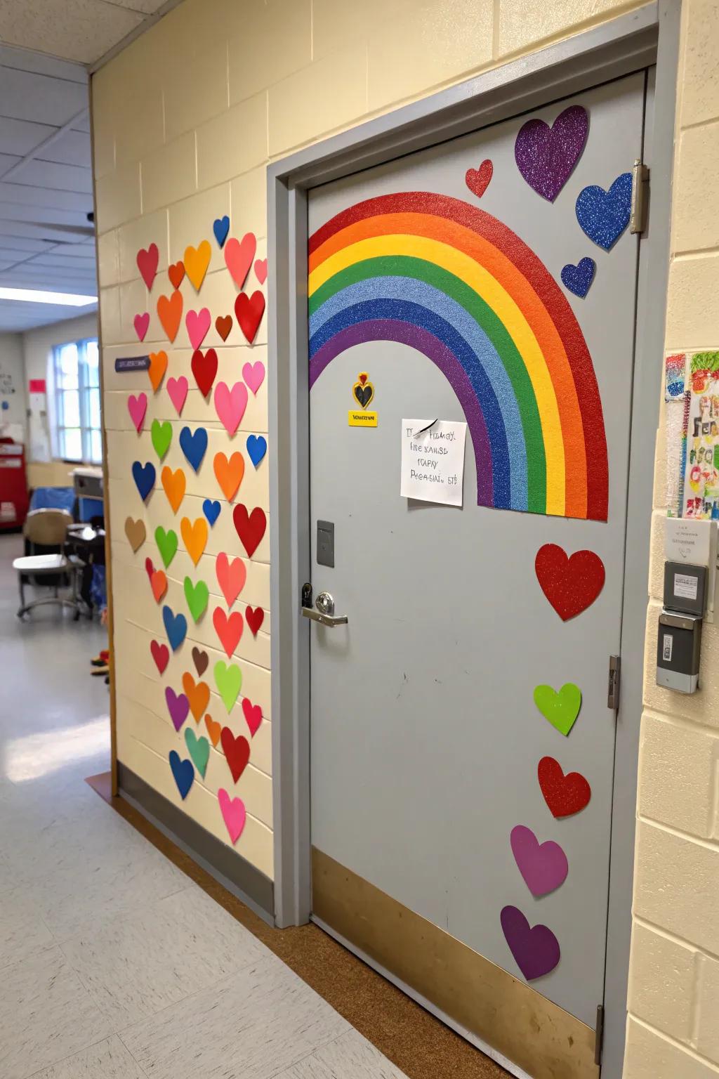 A vibrant learning space door featuring a spectrum crafted from colorful hearts.