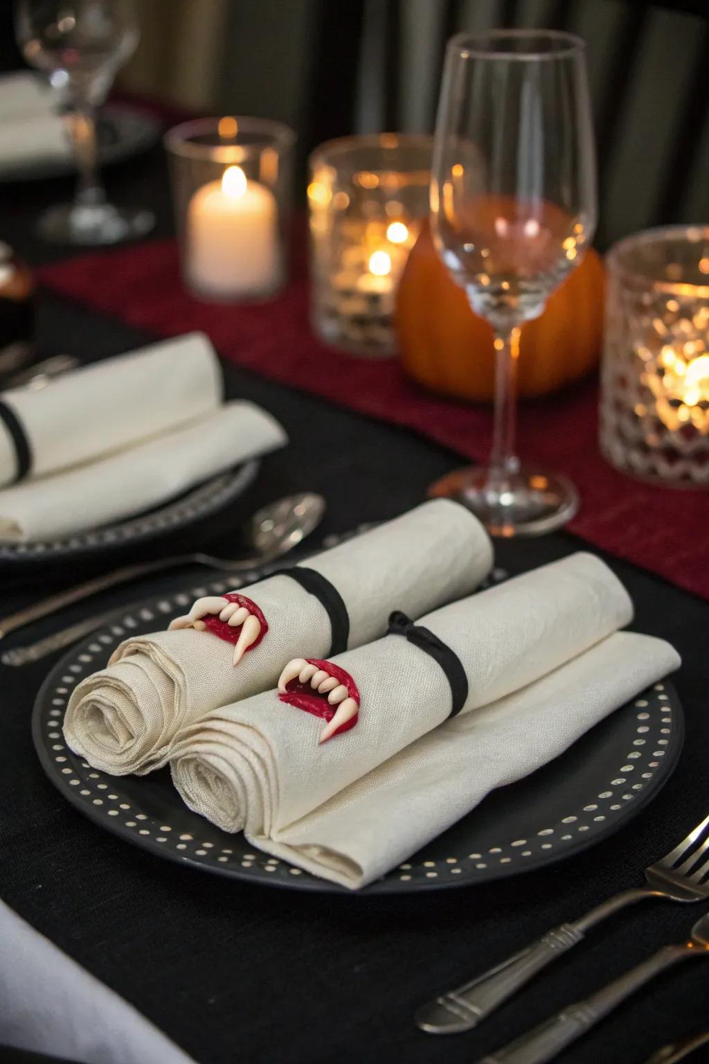 Fang napkin fasteners introduce surprise and joy to your table arrangement.