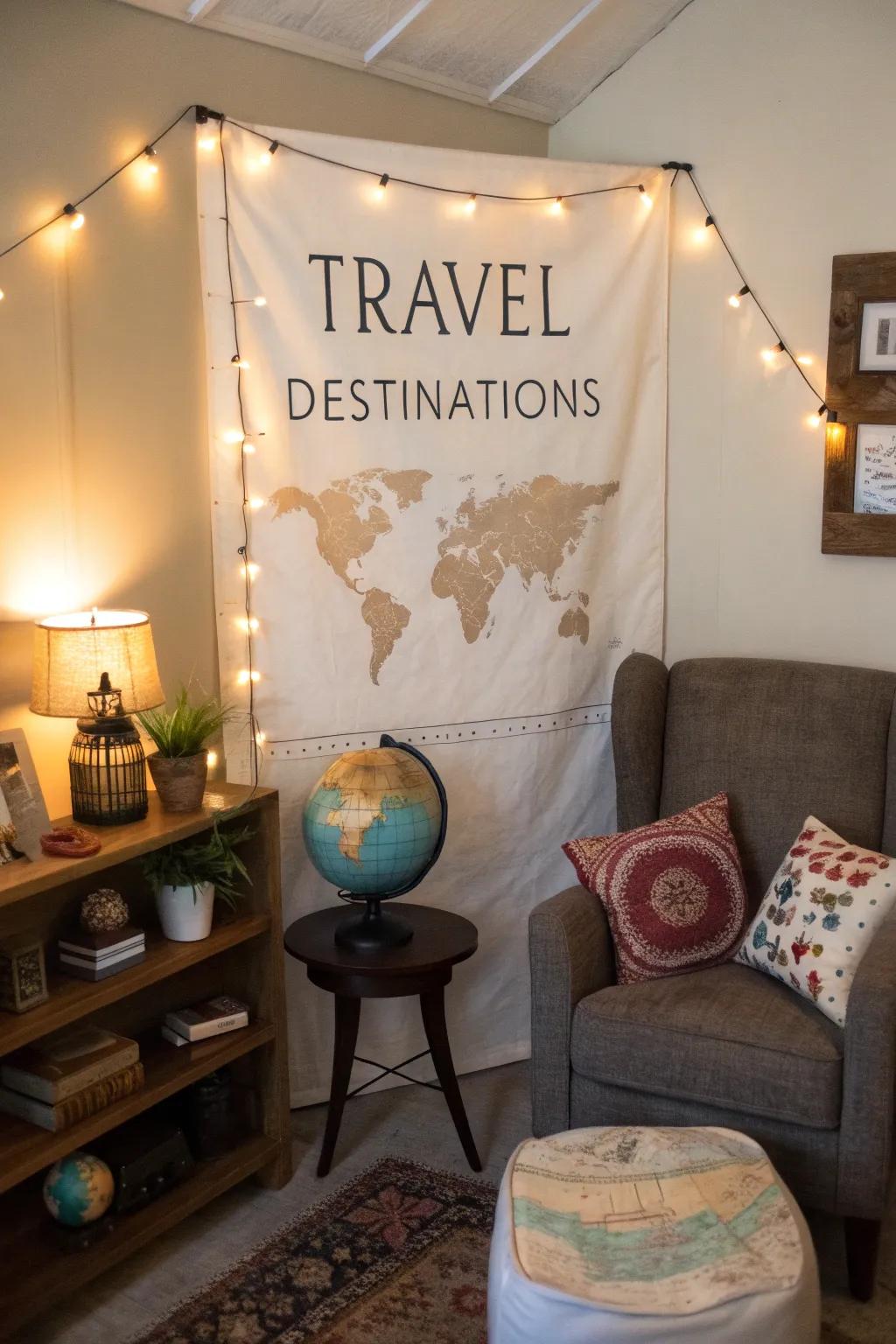 Travel-themed banners bring cherished destinations to life in a cozy den.