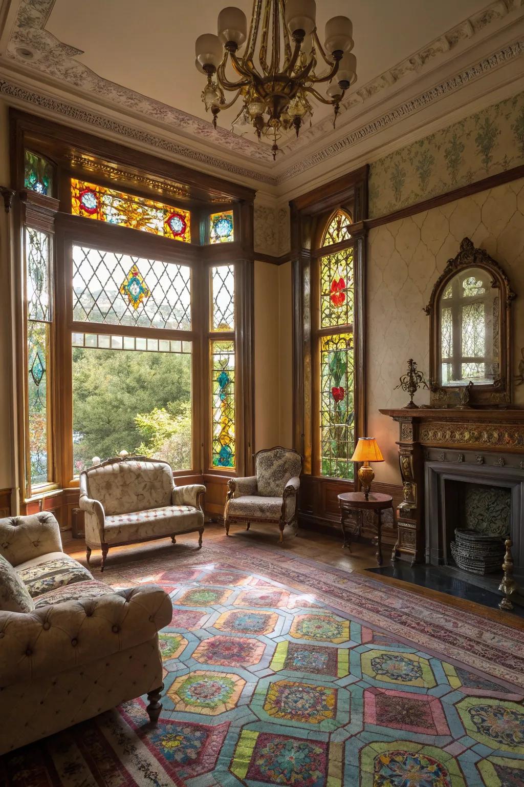 Colored glass panes cast attractive patterns, enhancing the room's beauty.