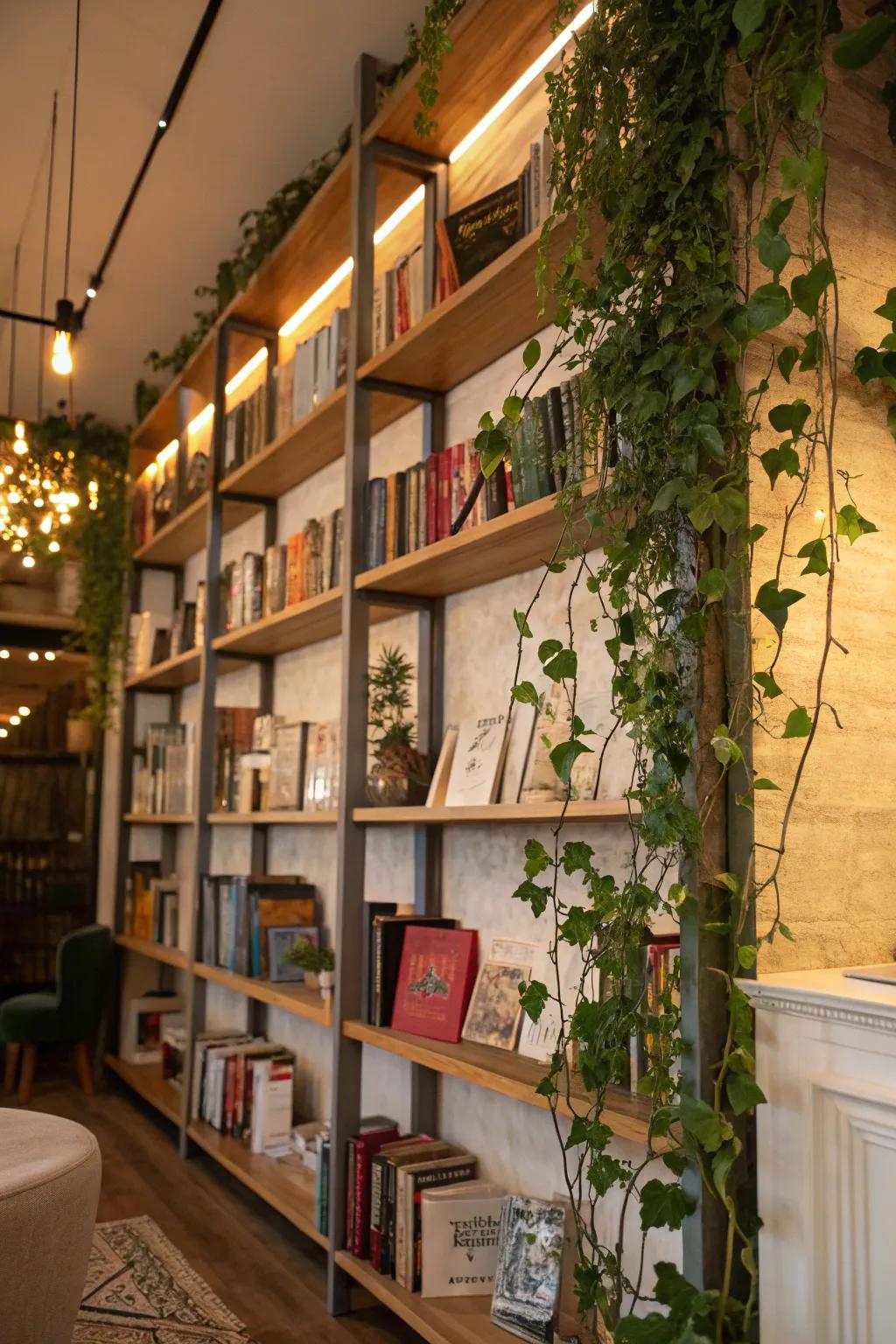 Introduce effortless flair through trailing plants on open shelves.