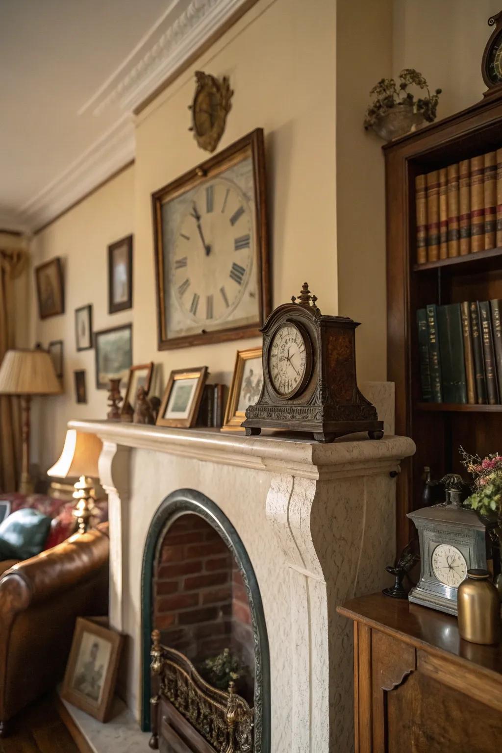 An antique mantle clock brings ageless appeal to the living room.