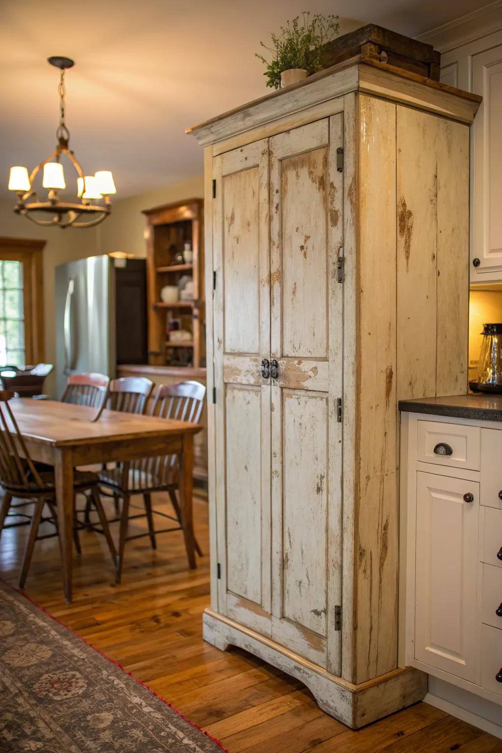 A weathered retro cabinet adding texture to a cozy kitchen.