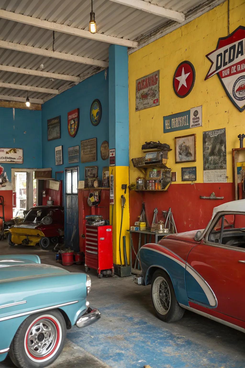 An eclectic color palette infuses vibrancy into a vintage garage.