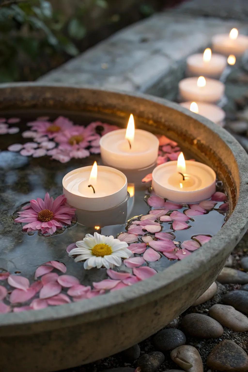 Drifting votive candles create a mesmerizing centerpiece.