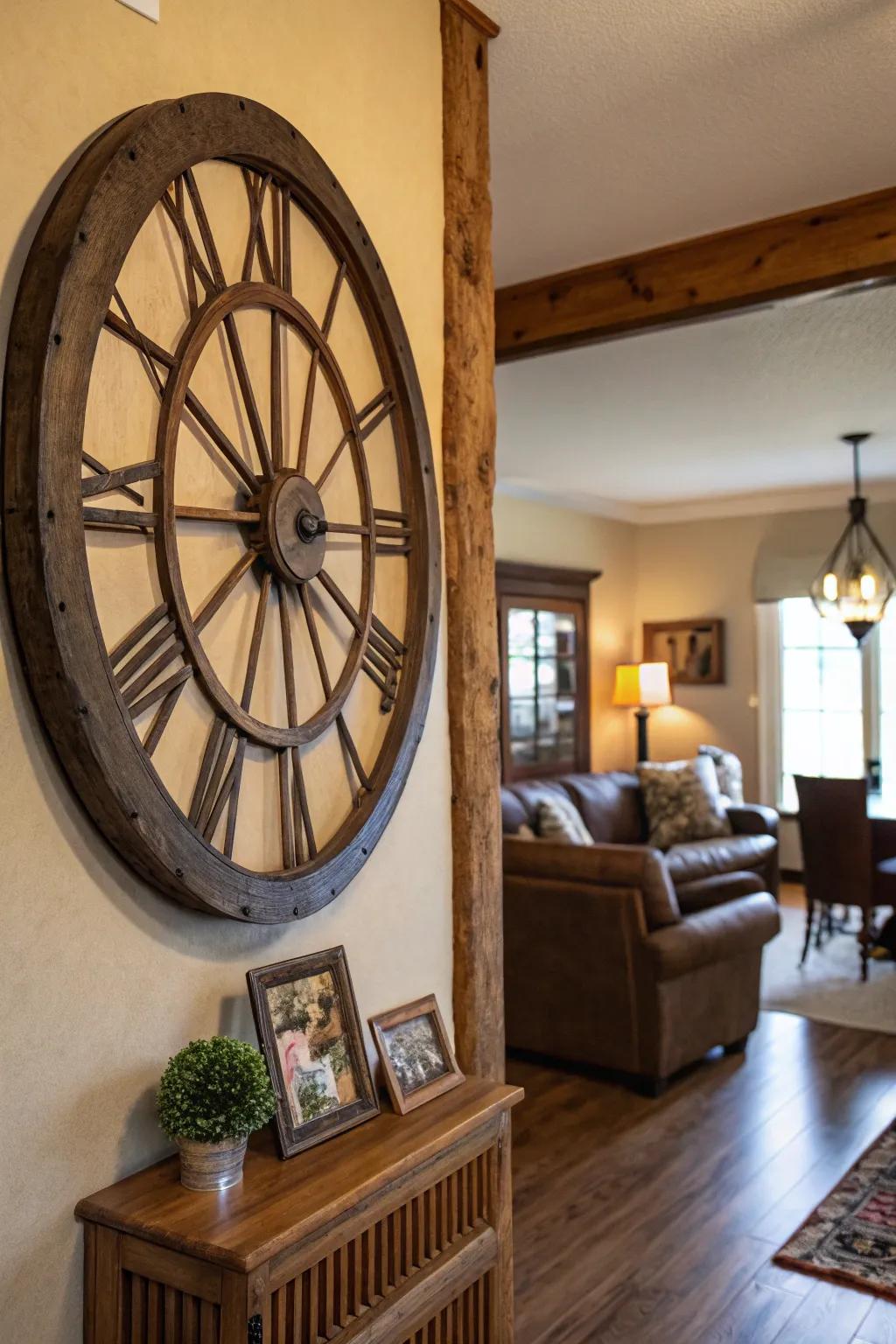 A cartwheel converted into a period clock, serving as a striking wall feature.