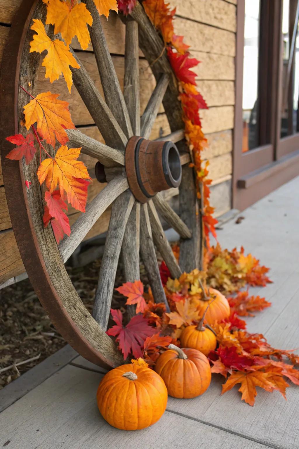 Festive autumn design transforms a cart wheel.