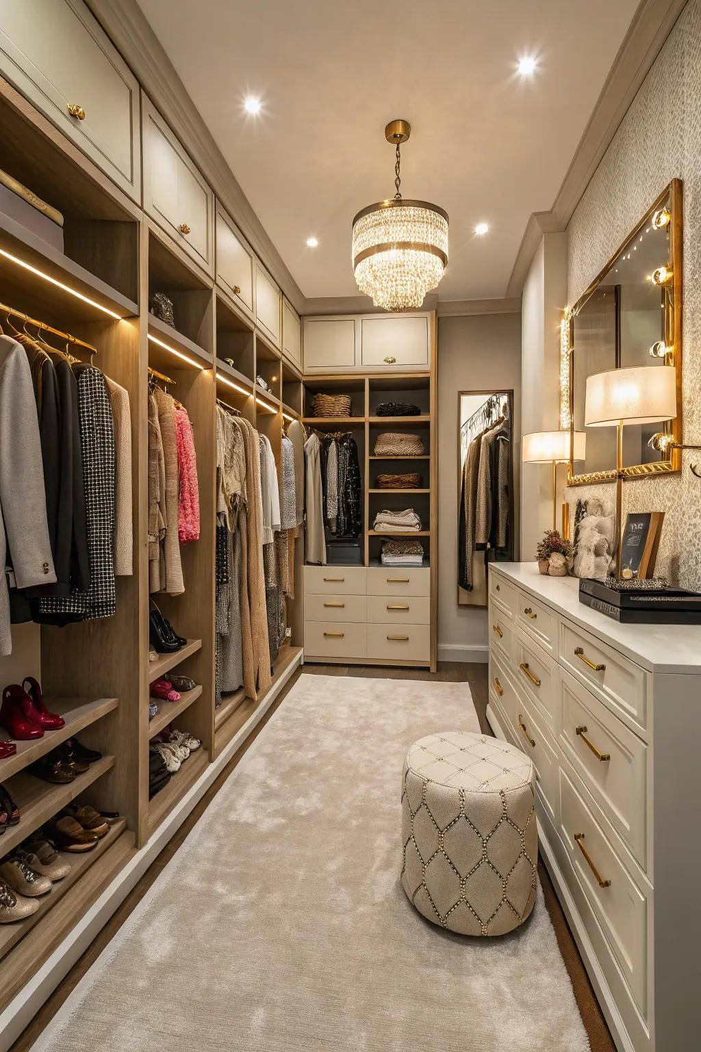 A boutique-inspired walk-in closet enhanced with stylish décor and lighting.