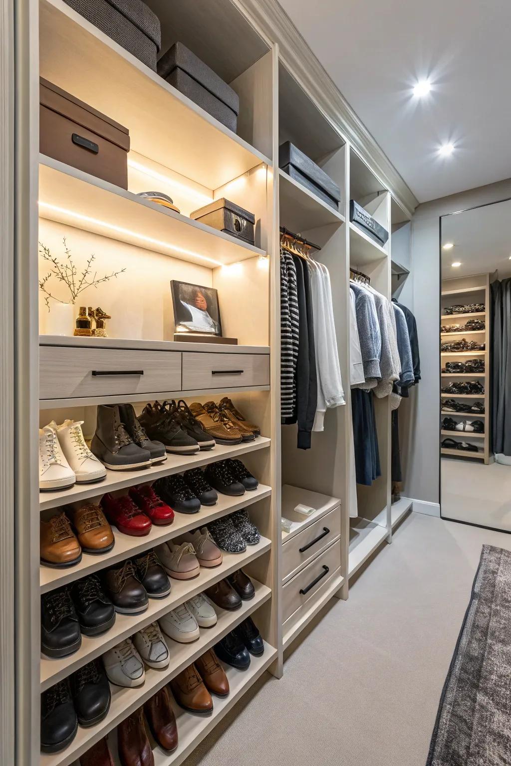 Tilted shoe shelves display footwear elegantly.