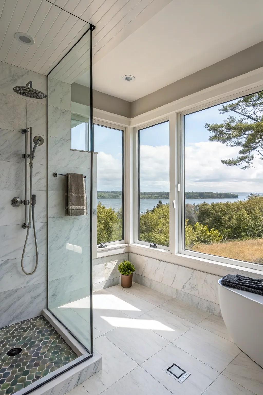 A corner window in a walk-in shower, providing expansive views and light from multiple angles.