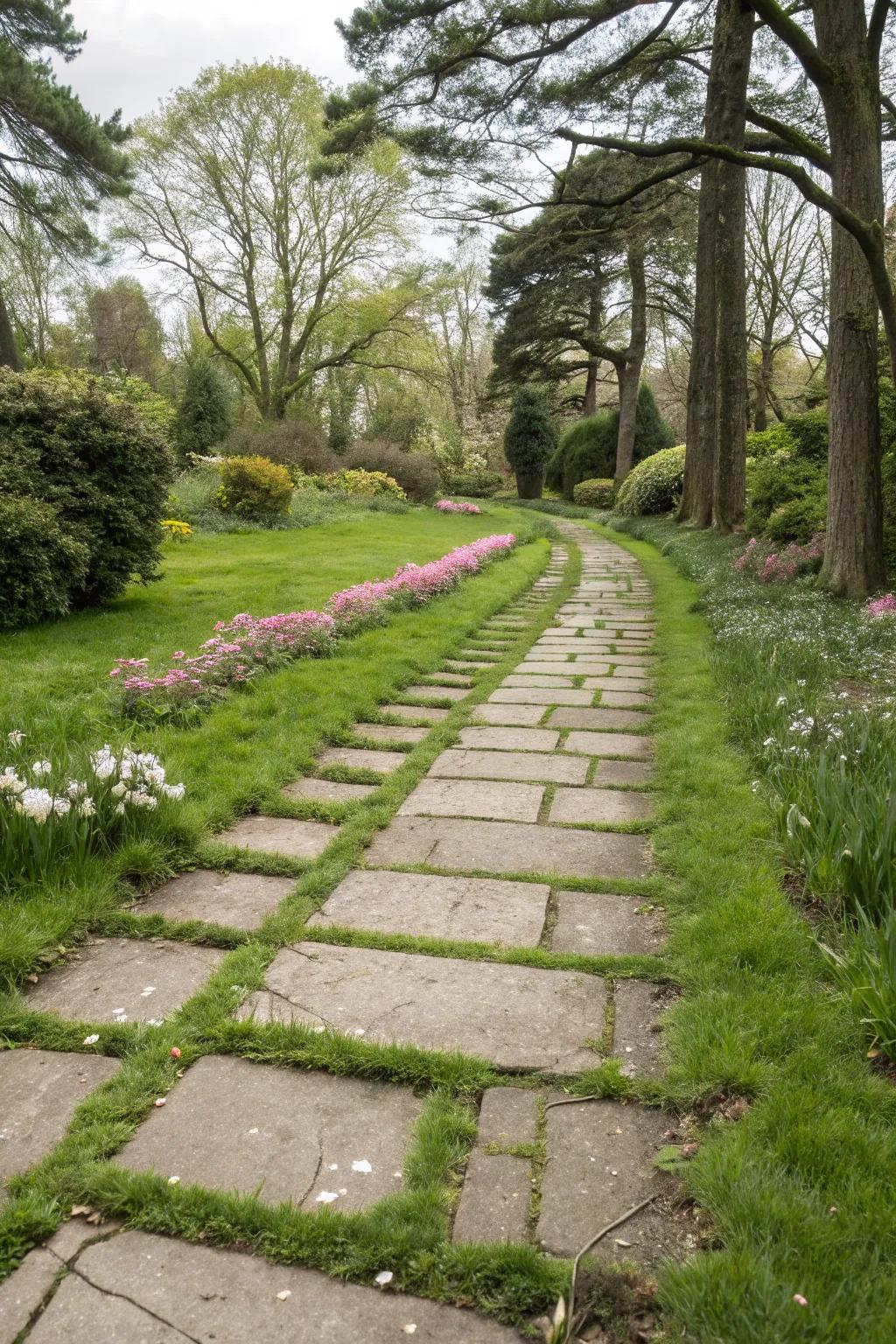Herbaceous pavers introduce a verdant touch, merging walkway with lawn.