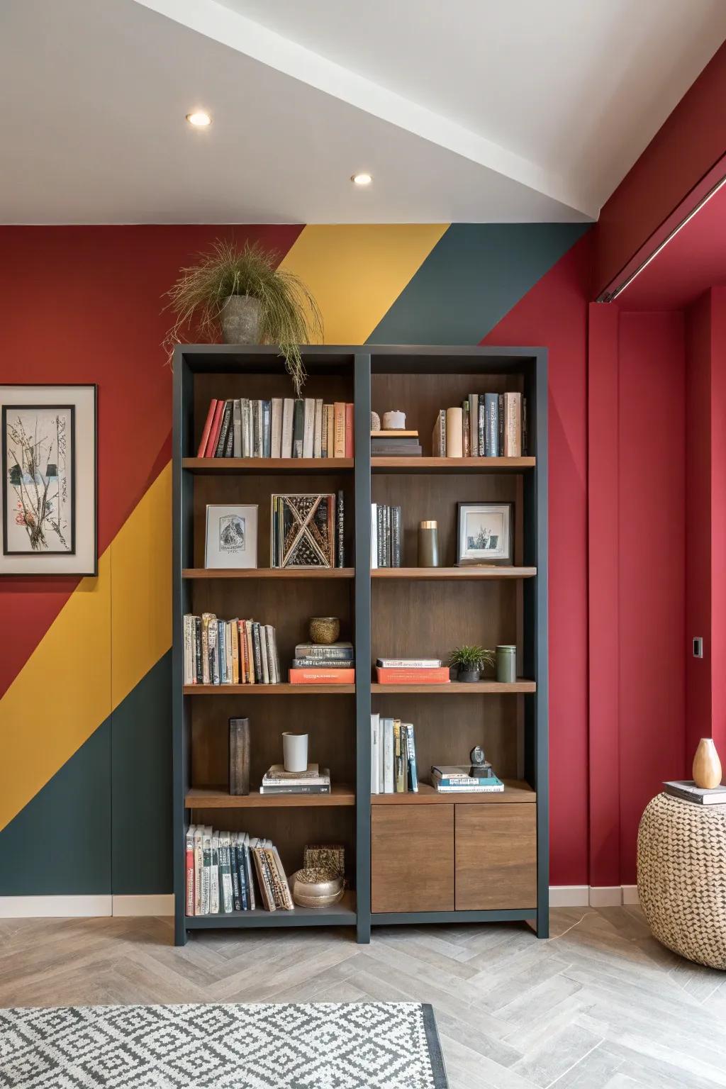 Bold color blocking highlights and accentuates your bookshelves.