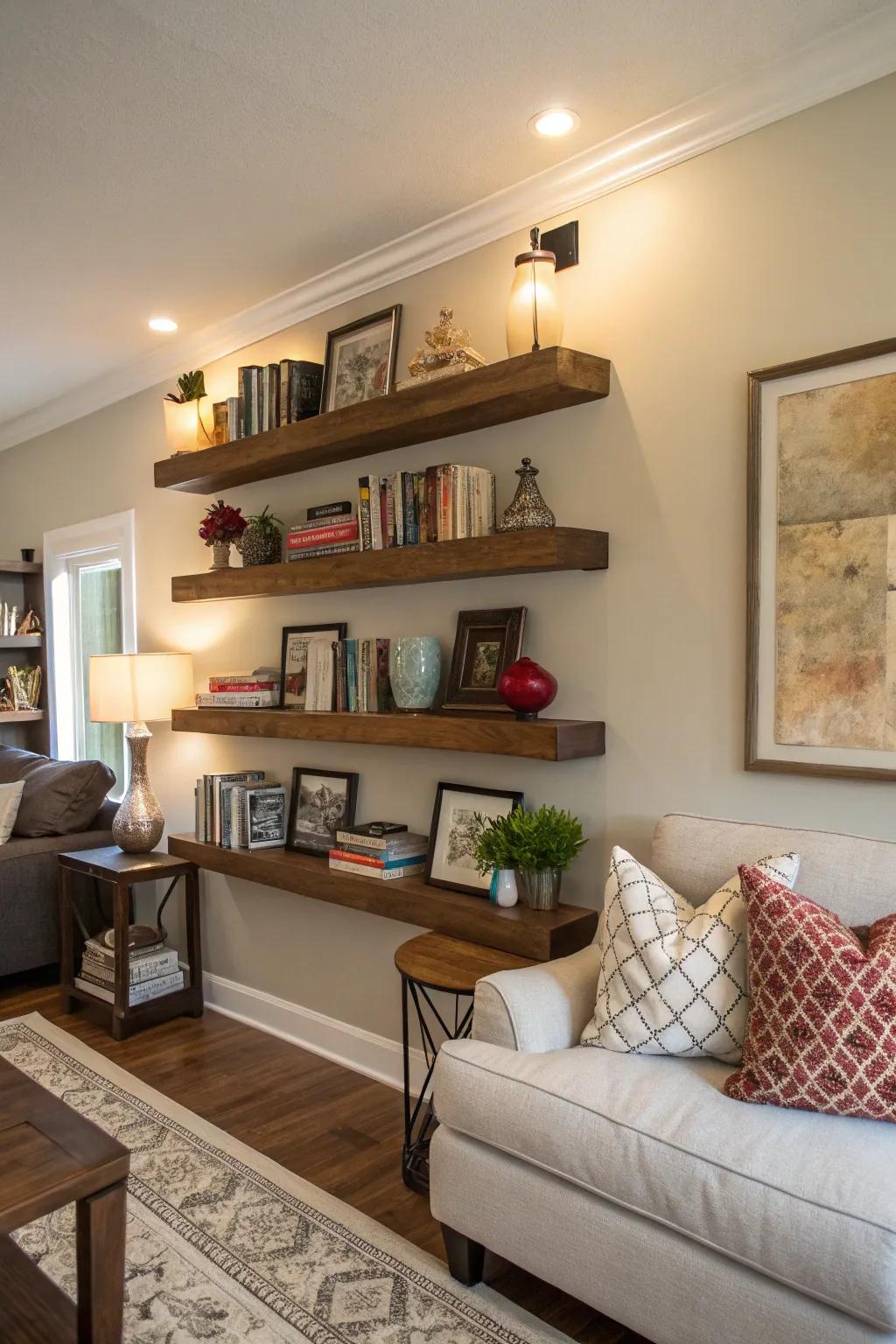 Floating shelves provide a versatile decor solution.