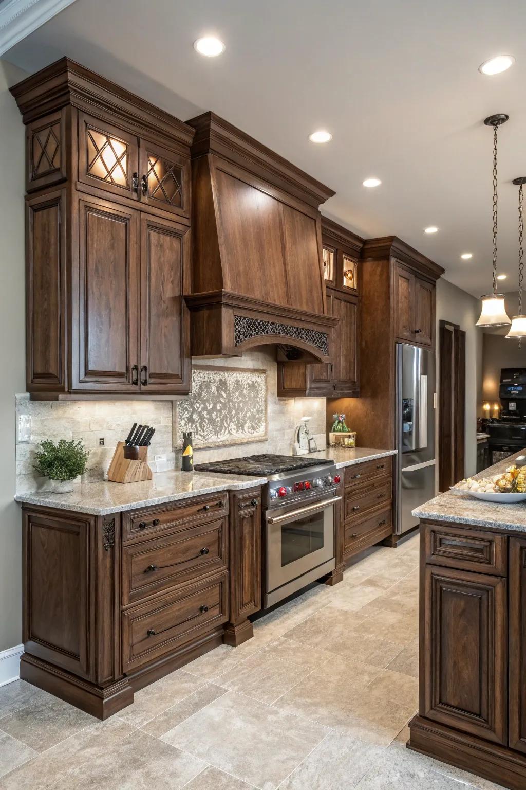 Walnut units can serve as a dramatic cooking area focal point.