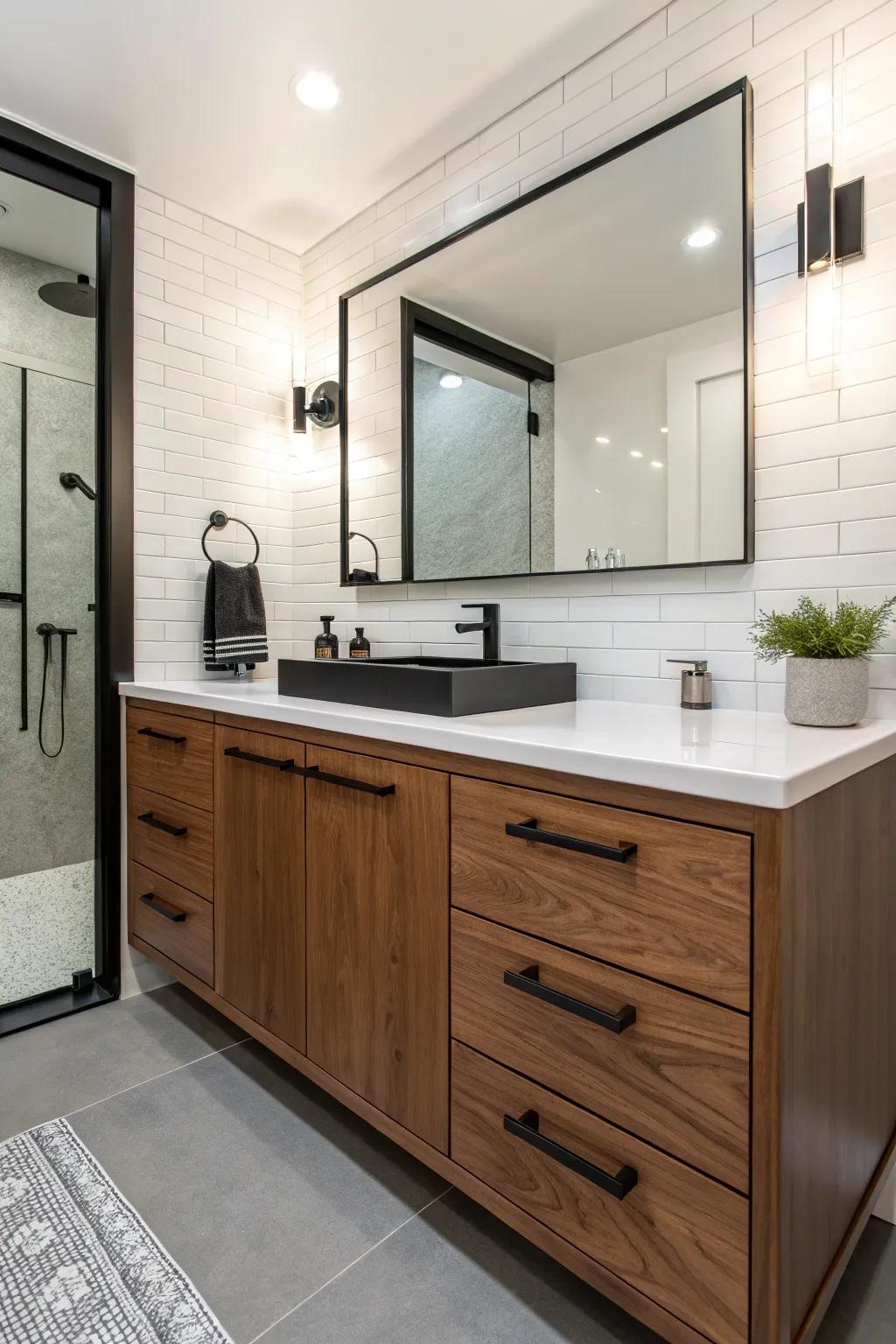 Achieve a trendy look by using the striking combination of pecan and black.