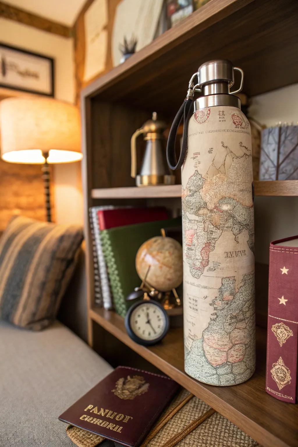 A drinking bottle wrapped in antiquated map paper, conveying a travel-oriented sensation.