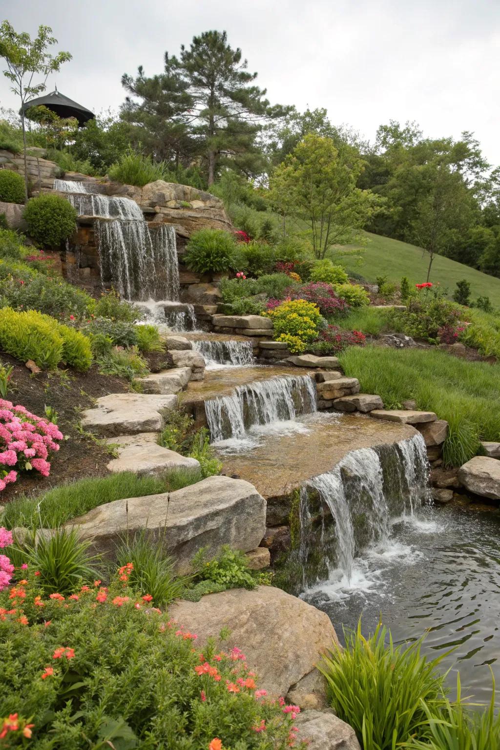 A waterfall across an incline introduces vibrant appeal to your garden.