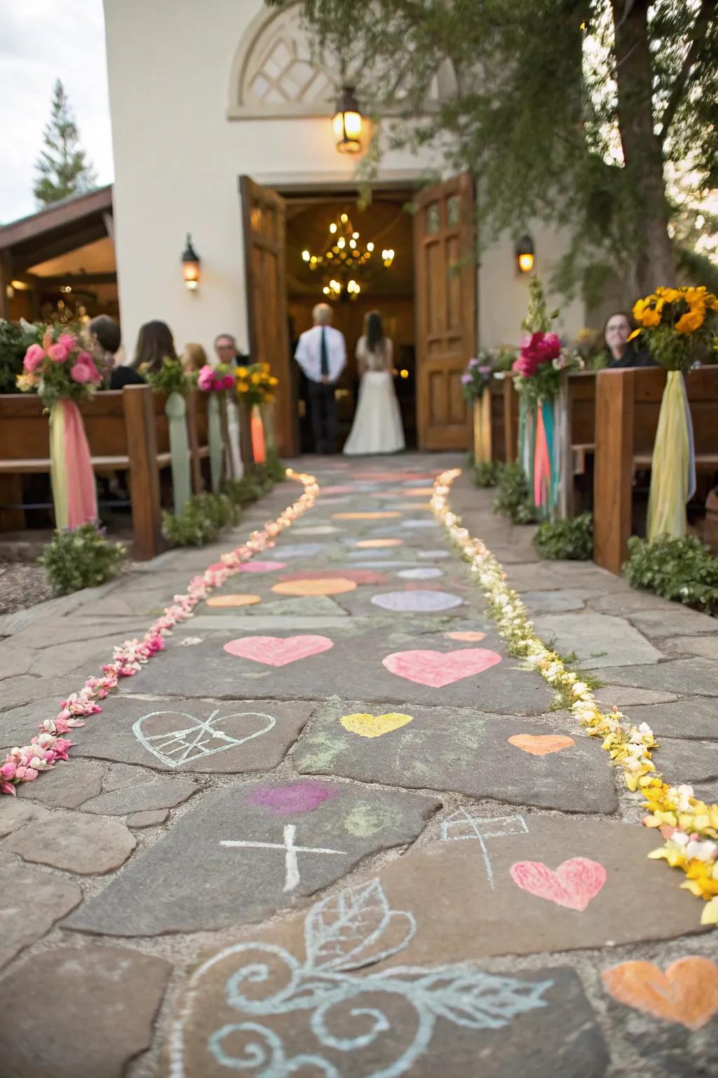A whimsical aisle that features vibrant chalk art for a fun touch.