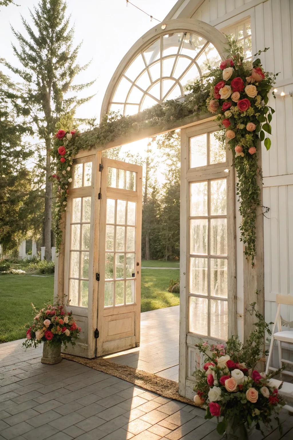A vintage-inspired arch using antique windows for a nostalgic touch.