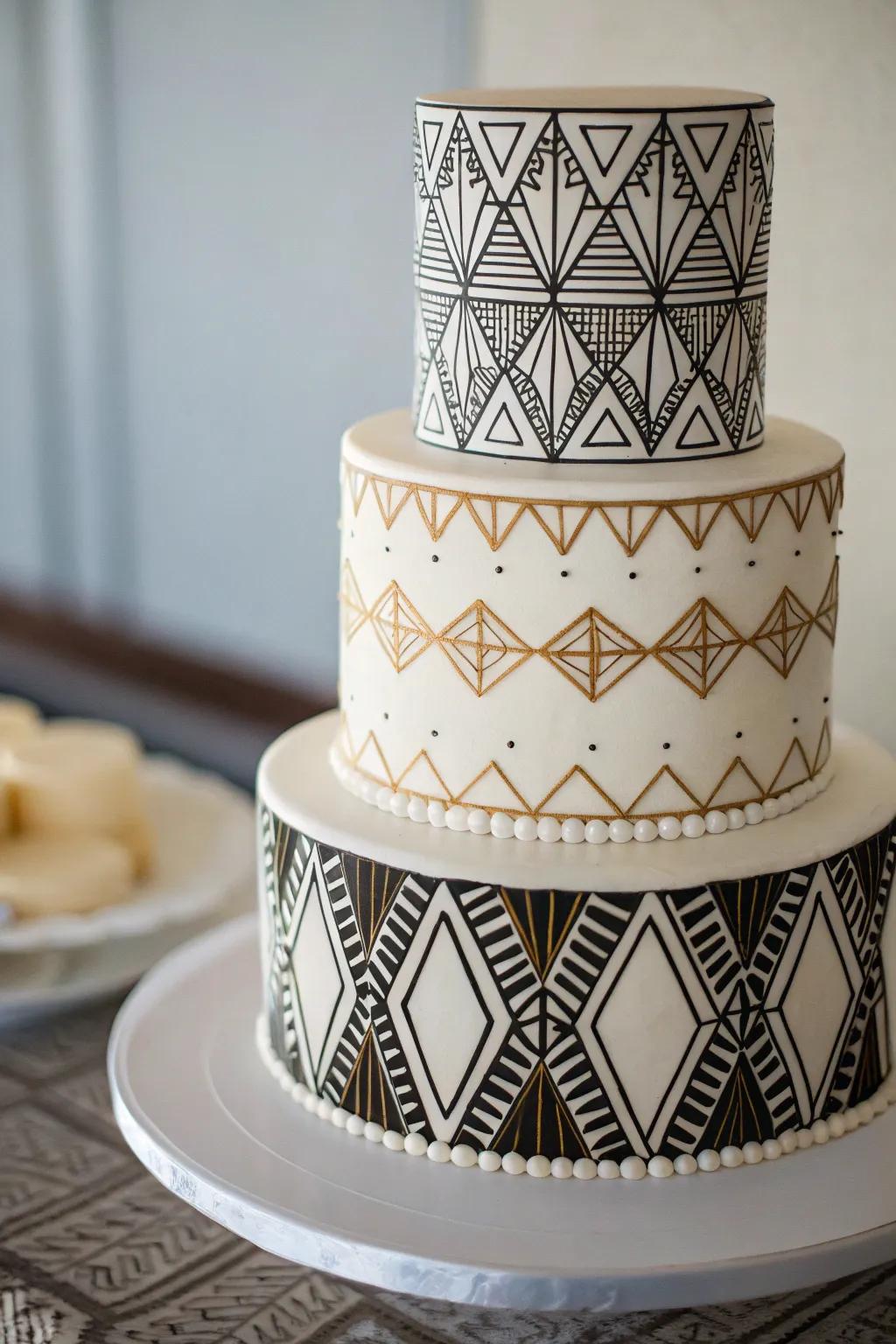 A wedding cake featuring symmetric layouts for a modern twist.