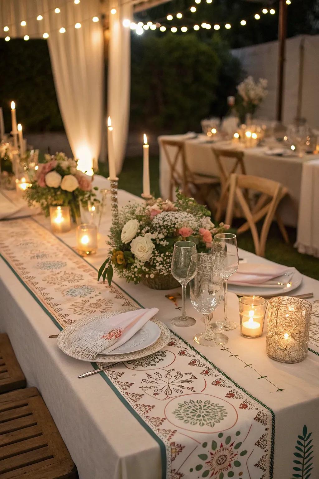 A wedding table highlighting inventive table runners and complementary decor.