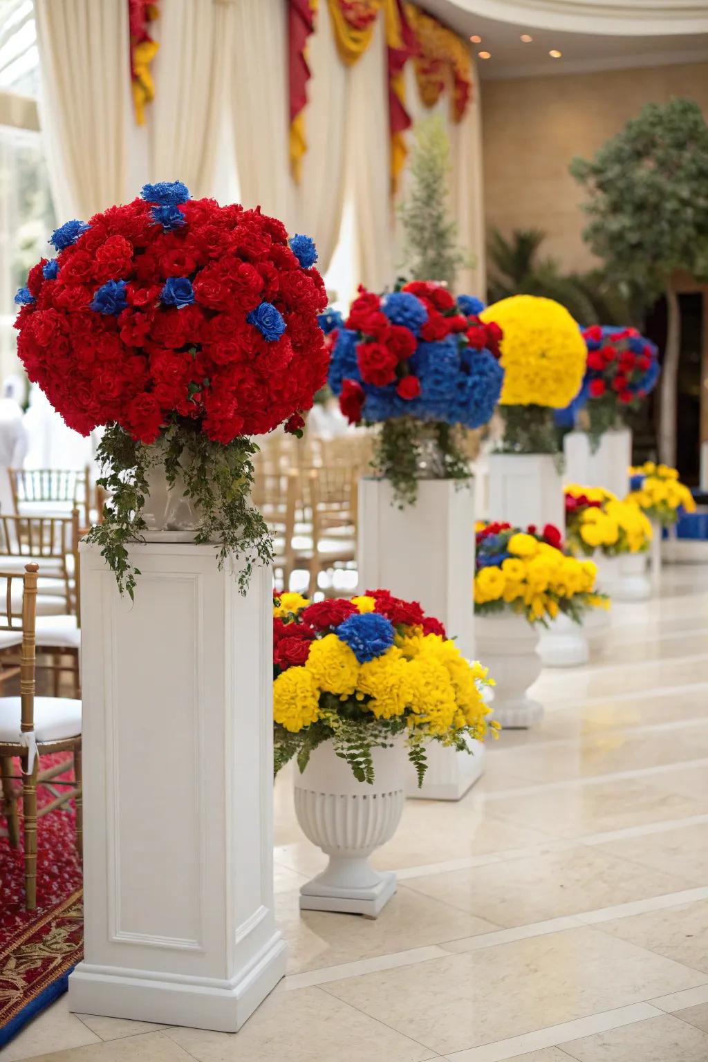 Floral arrangements with bold primary colors, adding a vibrant and lively touch to the wedding decor.