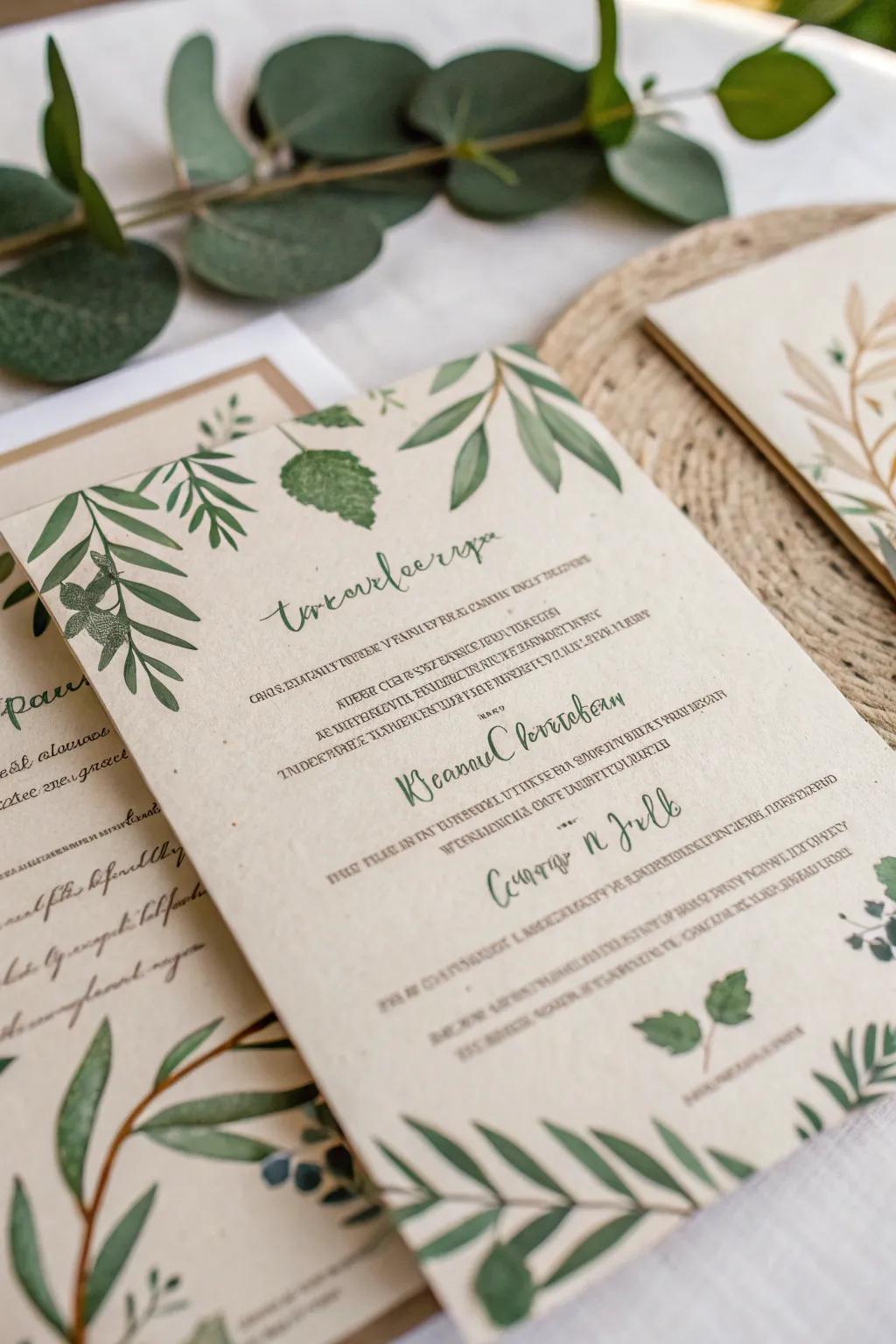 A sustainable wedding invitation made of sustainable materials.