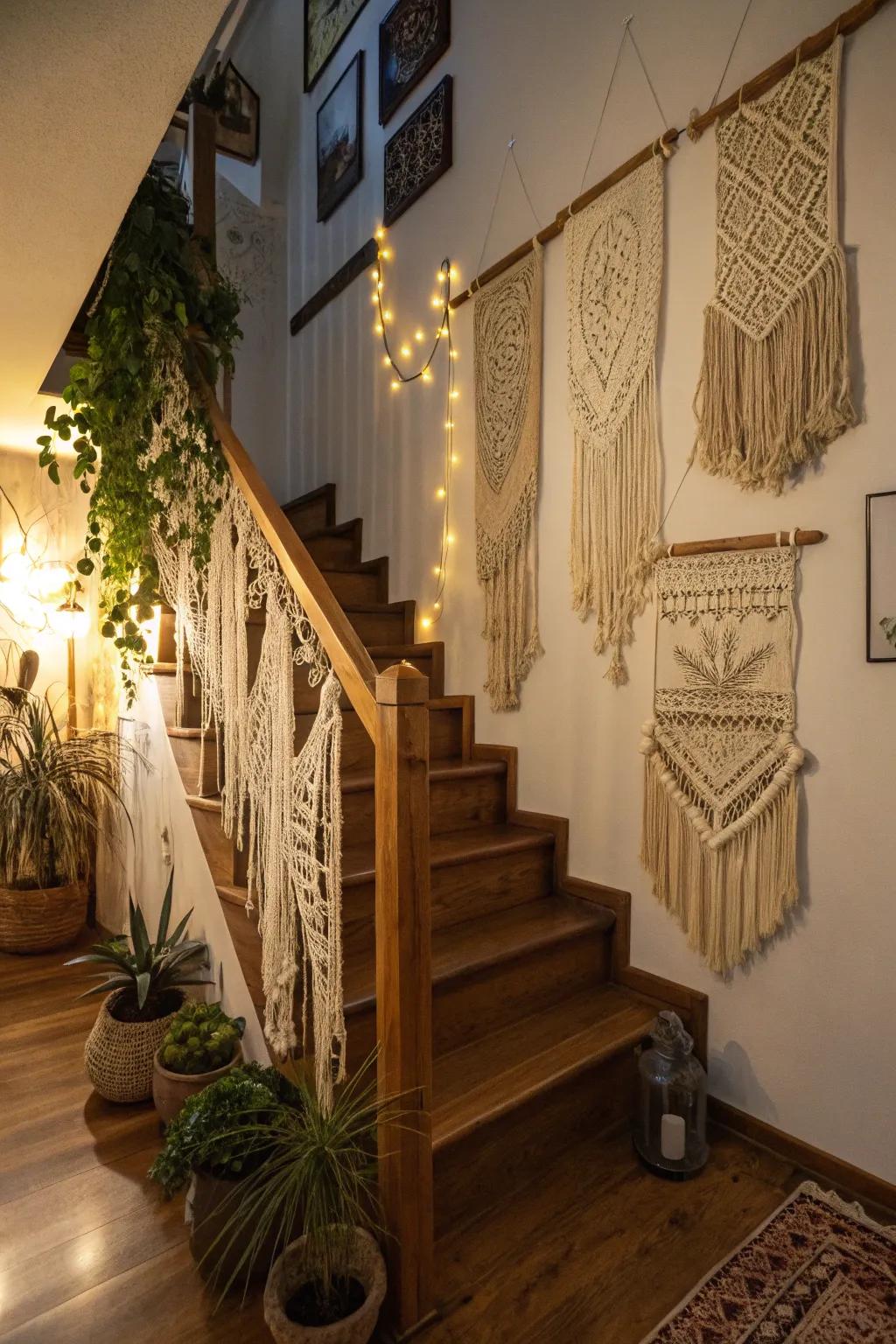 Bohemian characteristics introduce a relaxed and eclectic vibe to this stairway.