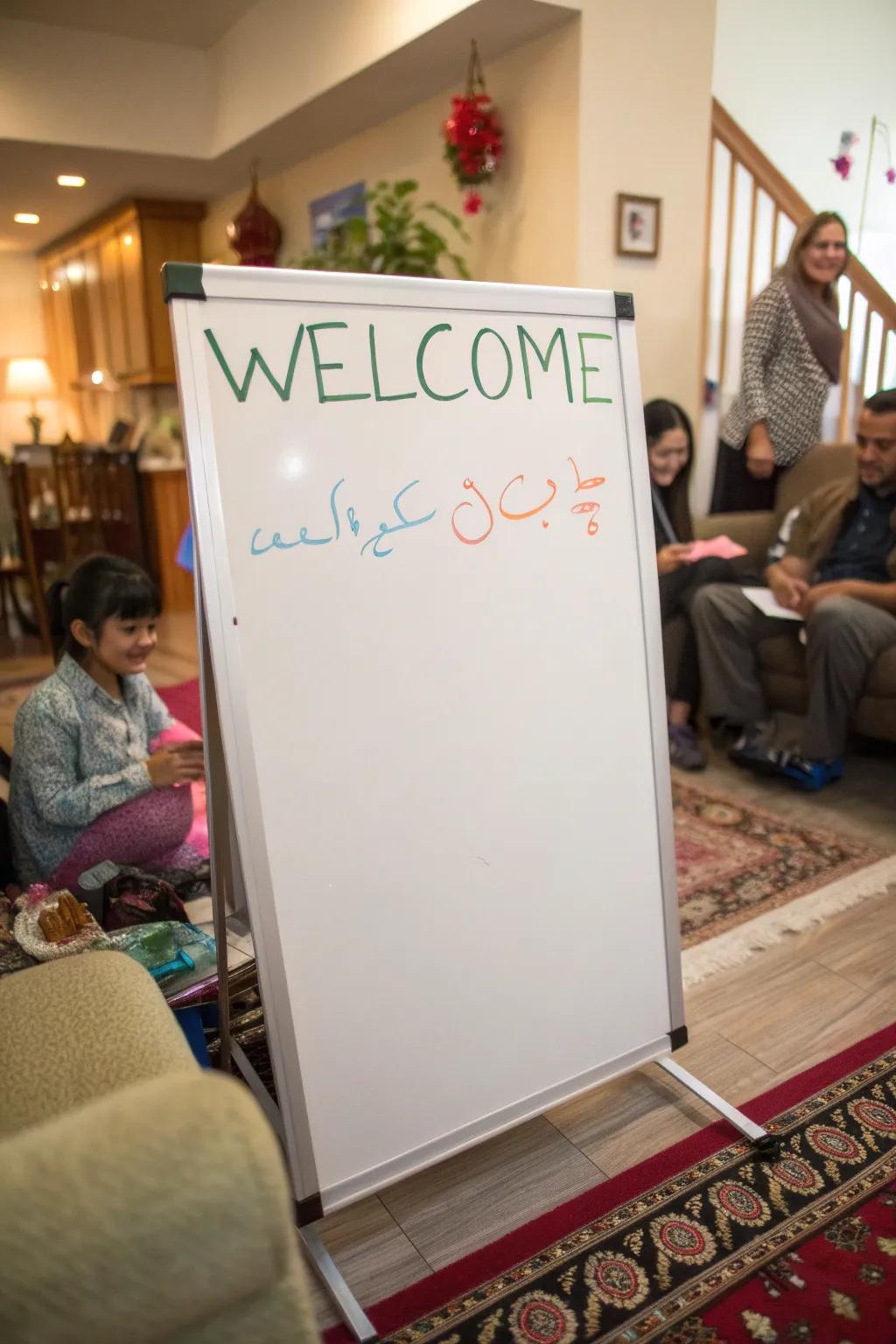 A multicultural welcome message on a magnetic writing surface.