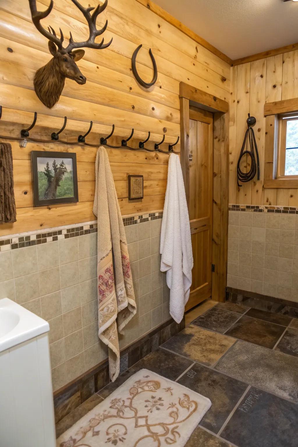 Antler and horseshoe details add unique Western flair to this bathroom.