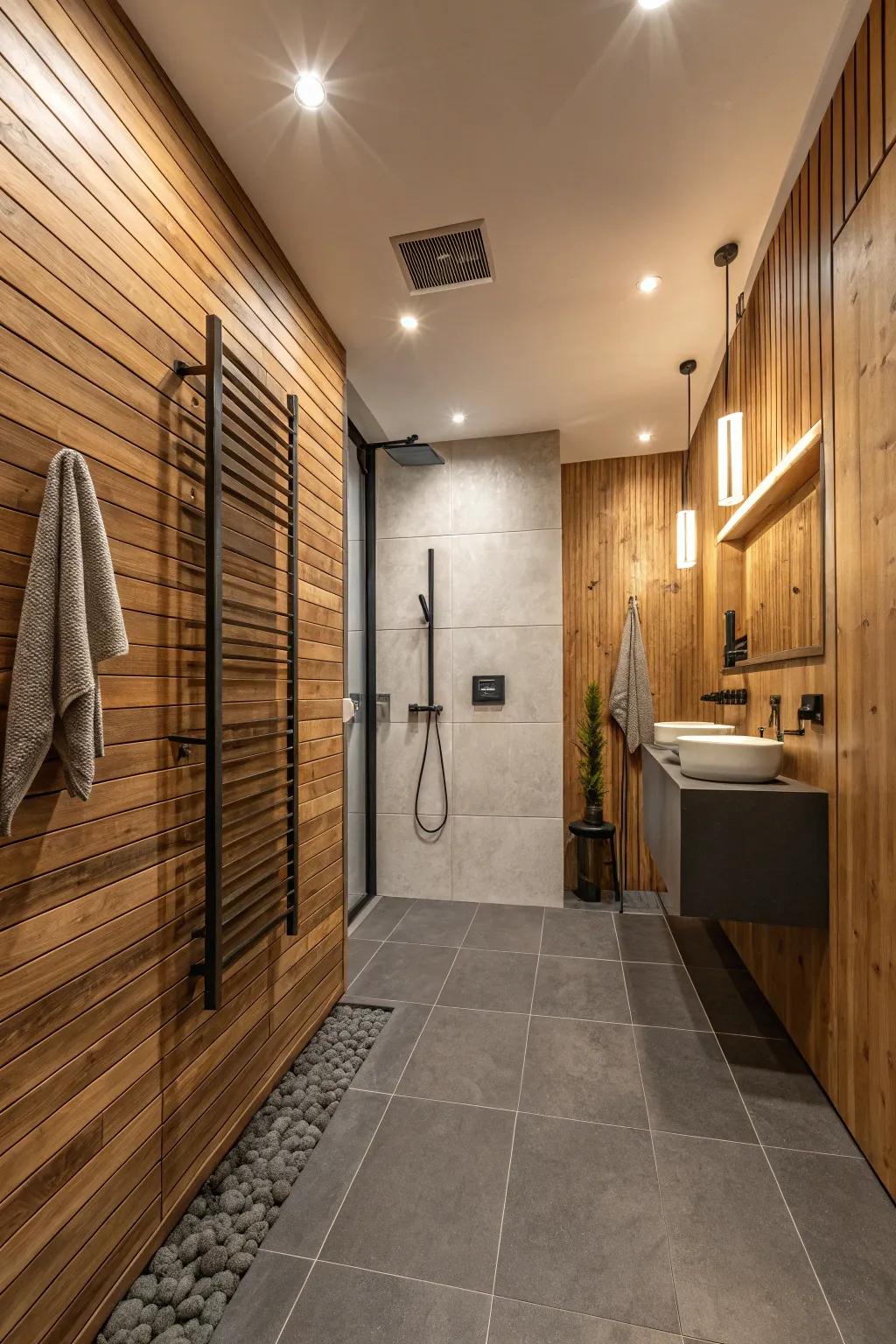 Wood paneling contributes a welcoming, Scandinavian vibe to the wet room.