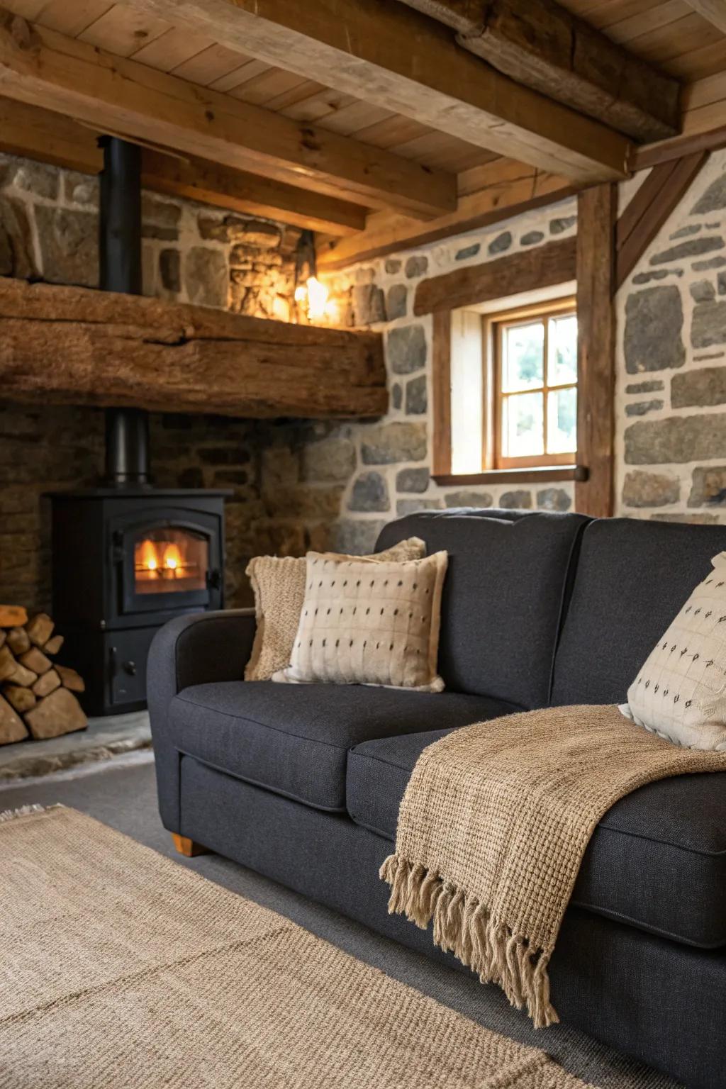 Hessian cushions bring rustic charm to the dark grey sofa.