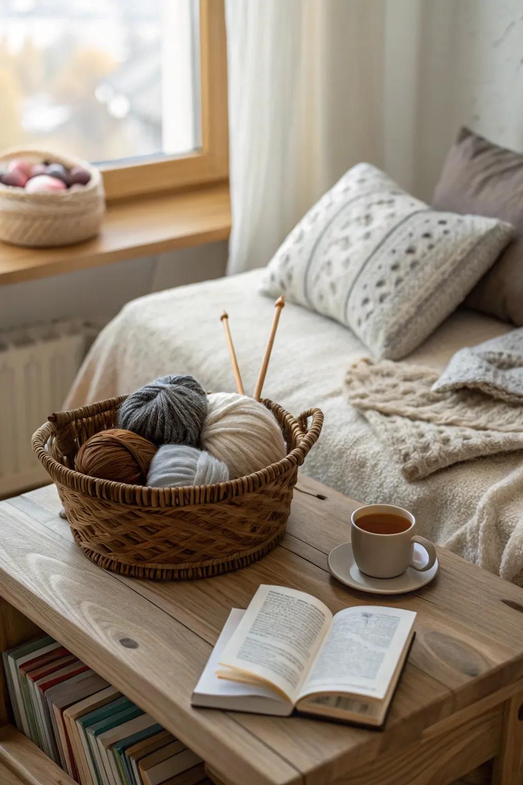 A basket for crafting items keeps your creative implements organized and accessible.