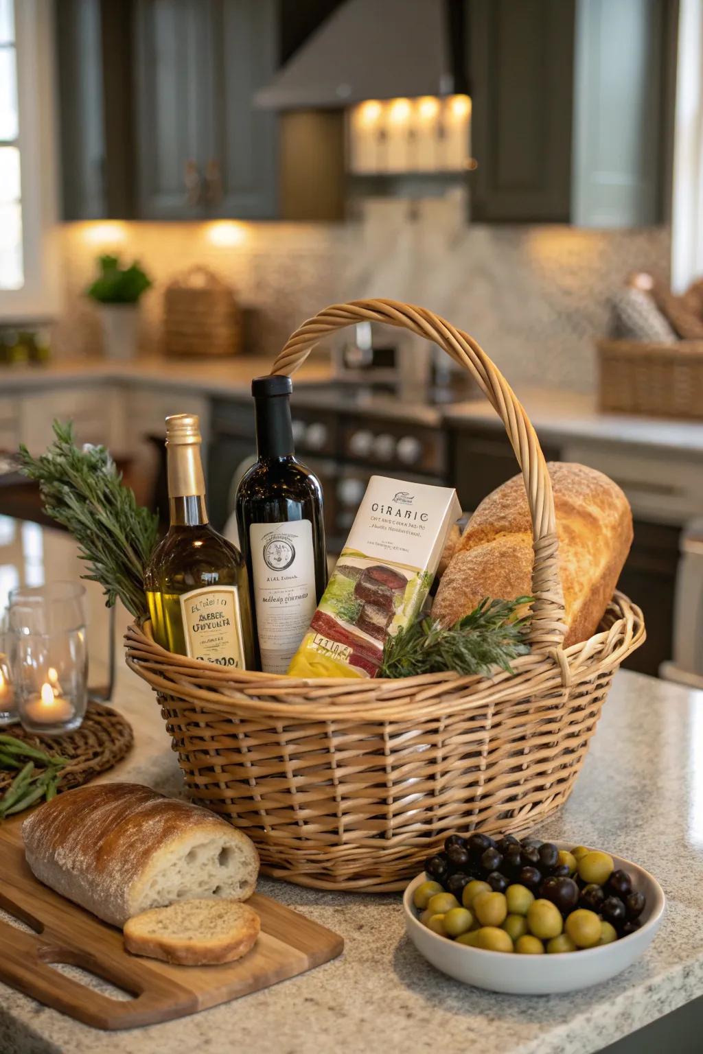 A gourmet basket functions as a delectable and decorative kitchen centerpiece.