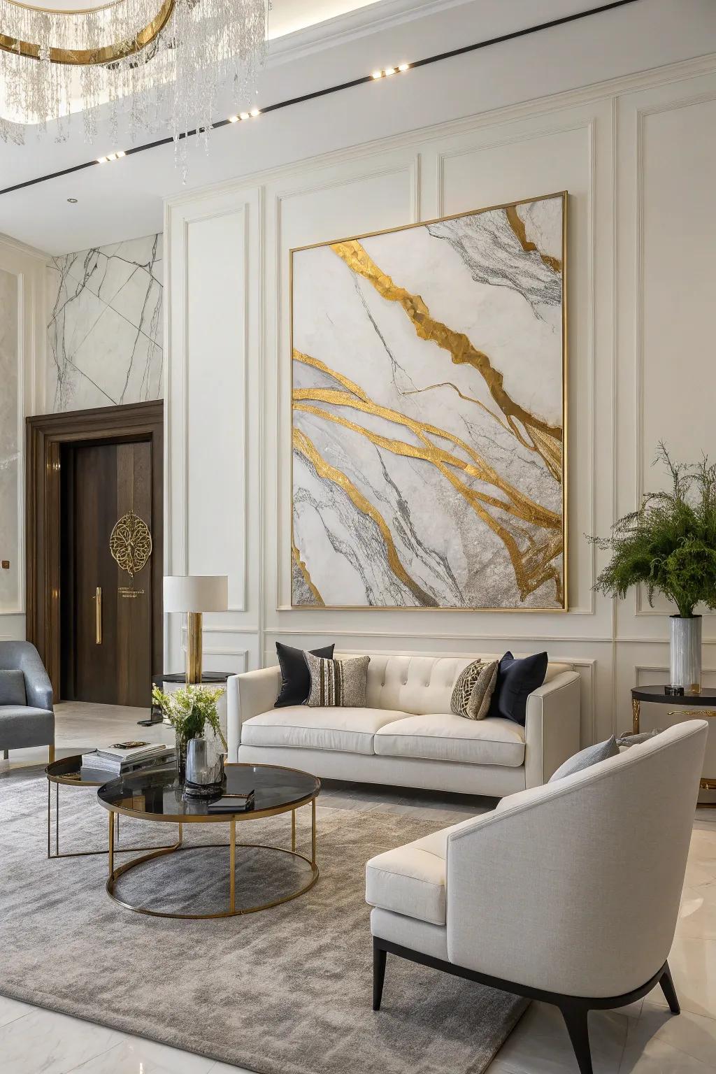 Abstract art in white and gold infuses a contemporary touch.