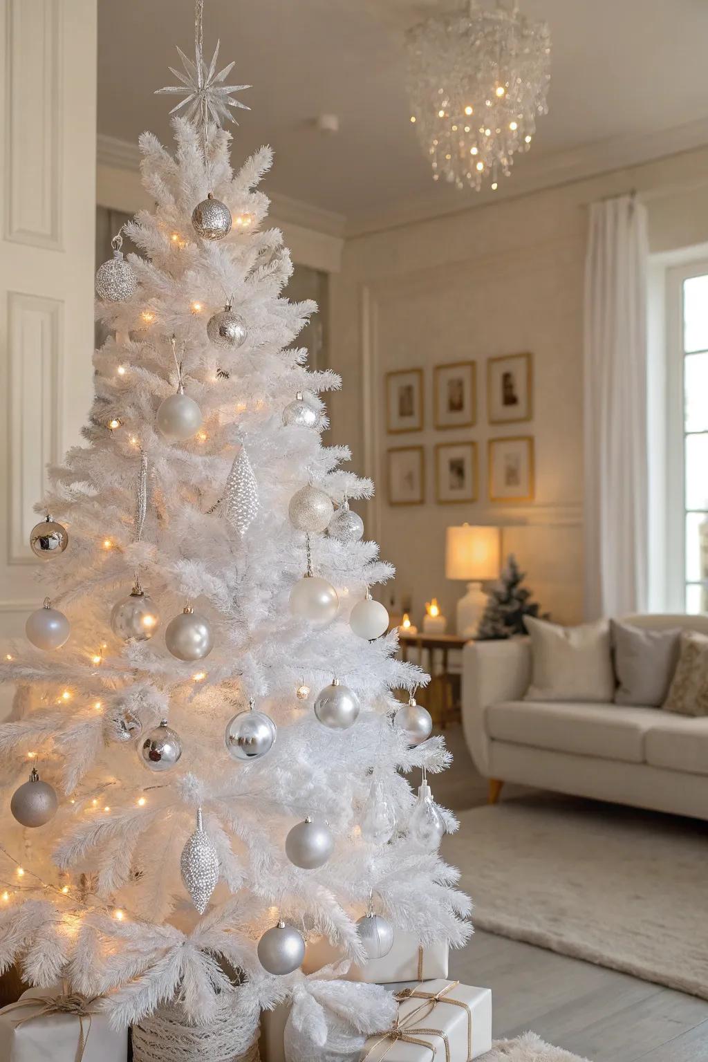 Understated elegance achieved with clear glass ornaments on a white Christmas tree.