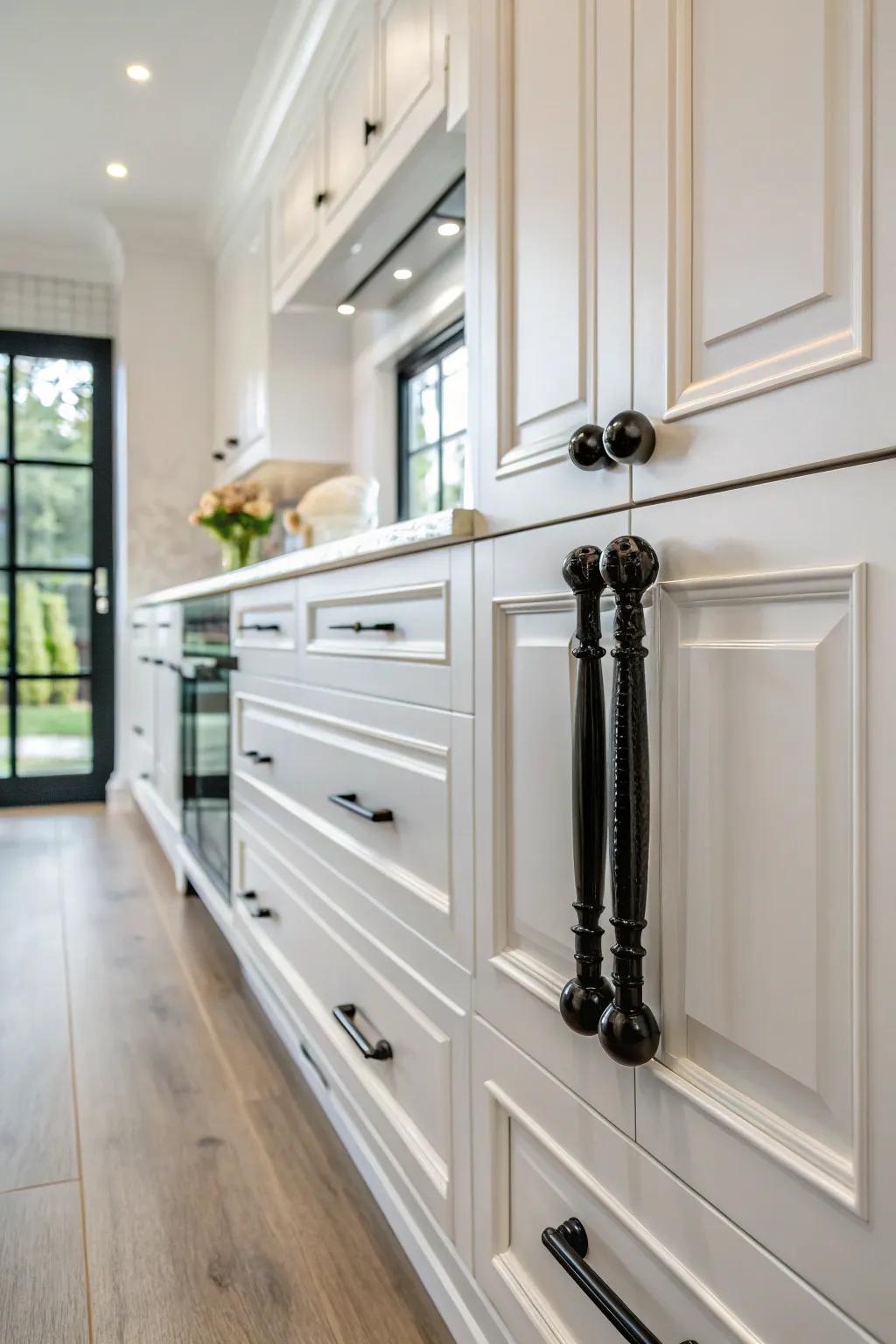 Glossy black hardware adding drama and sophistication.