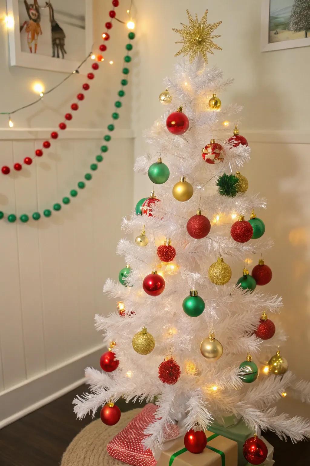 A festive celebration-themed white pencil tree with bright and colorful decorations.