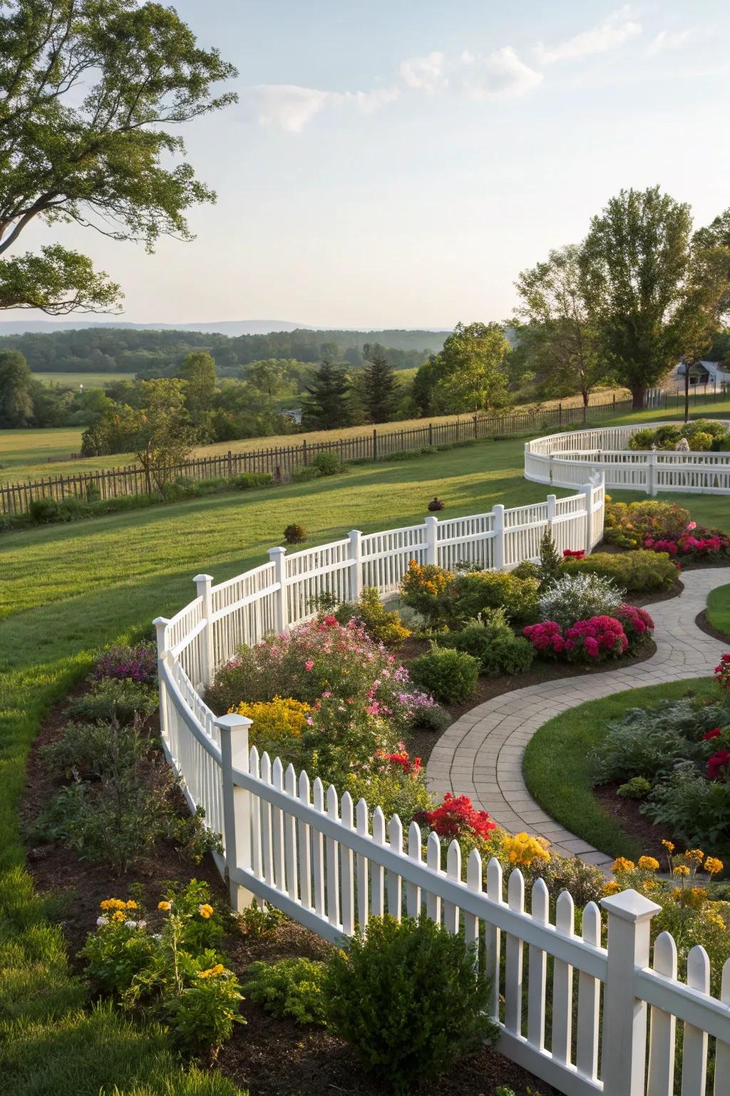 An arcadian white picket adds a graceful touch to garden design.